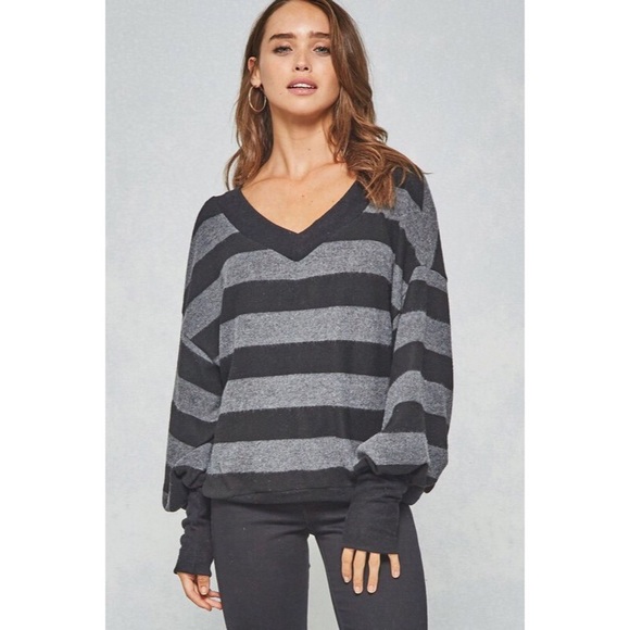 Alexa Brushed Knit Striped Top - Black/Charcoal - Picture 3 of 4
